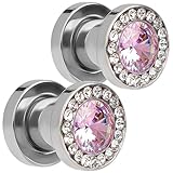 CAIRIAC Gorgeous Cubic Zirconia Tunnels Plugs, Stainless Steel Screw Tunnels Ear Expander Stretcher Piercing Jewelry, (6 mm) 2 g Ear Gauges Tunnels, Diamond Ear Gauges for Women Men Gift (Pink)