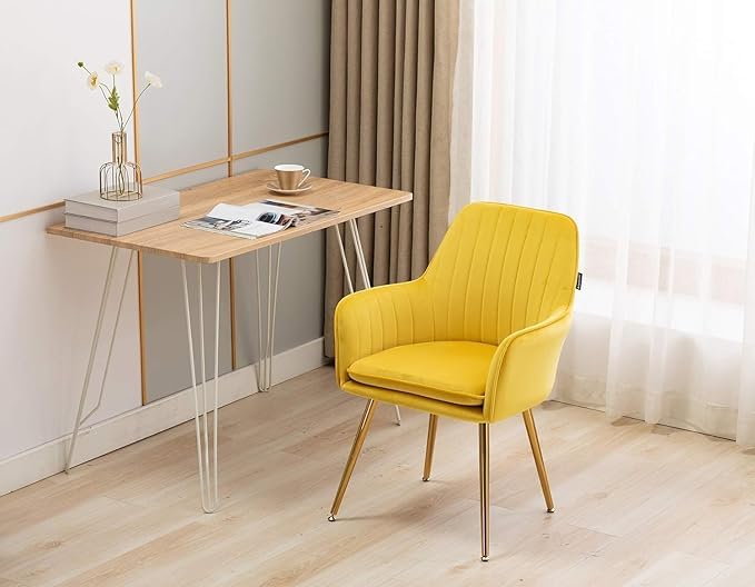 Image of Yellow Velvet Chair for Home | Modern Accent Armchair in Soft Velvet Fabric with Golden Legs | Set of 2 Premium Accent Chair for Living Room Bedroom Restaurent | Yellow, 2 pc