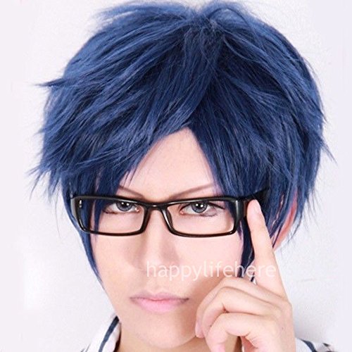 Happylifehere Japanese Anime Short Layered Dark Blue Cosplay Wig + Free Wig Cap