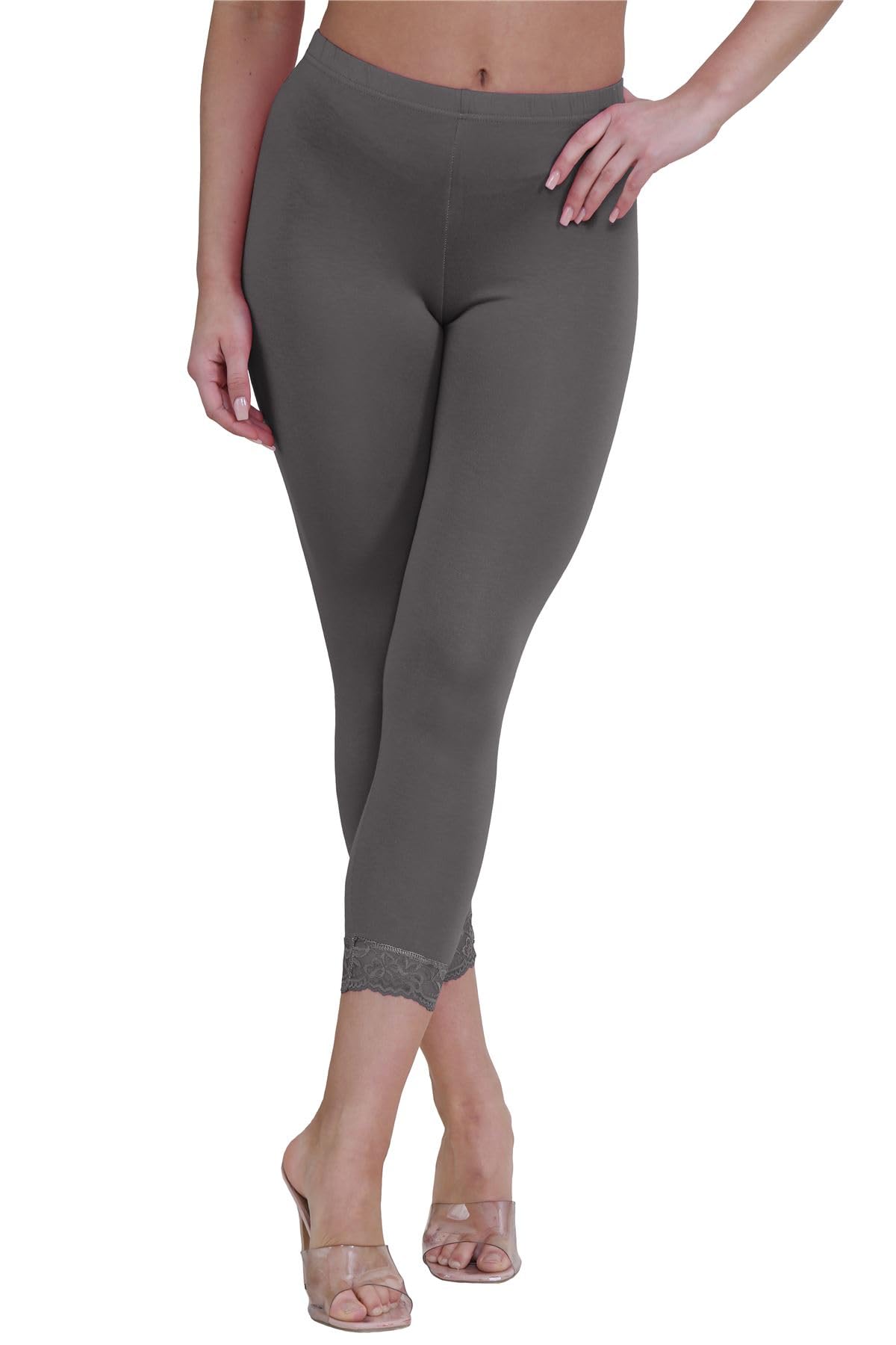 Hamishkane Ladies Plain Lace Trim Stretchy 3/4 Length Capri Jegging Crop Leggings Pants Charcoal