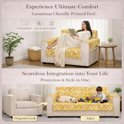 Image of STITCHNEST Woven Fabric Sofa Cover 3 Seater with 2 Hand Rest Covers - Washable Green Sofa Cover with Tassels - Durable Premium Fabric - Stylish Sofa Protector for Living Room & Furniture Decor
