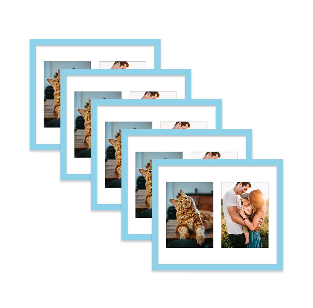 Light Blue Multi Photo Frame - Holds 2 x 7x5 Pictures, Family Collage Picture Frame for Wall Display, 12x10 Frame size, Set of 5