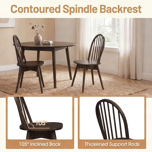 Image of COSTWAY Swivel Windsor Dining Chairs Set of 4, Solid Rubber Wood Armless Kitchen Chair with Tilt Back, Mid-Century Modern Side Chairs for Dining Room, Kitchen, Restaurant (Walnut)