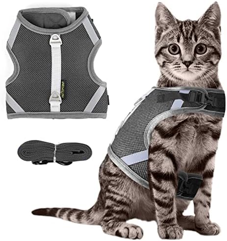 PATTEPOINT Escape Proof Mesh Cat Harness and Leash Set, Adjustable Walking Jacket Vest for Extra Kittens, Full-Edge Reflective Strips Provide Protection for Cats Walking at Night (L Grey)