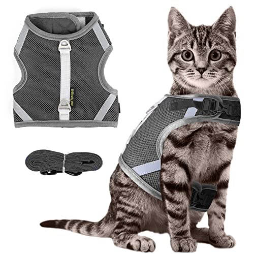 Pattepoint Escape Proof Mesh Cat Harness And Leash Set, Adjustable Walking Jacket Vest For Extra Kittens, Full-Edge Reflective Strips Provide Protection For Cats Walking At Night (L Grey) #TOP25
