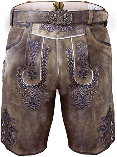 Edelnice Trachtenmode - Pantalones de Piel para San Valentín con cinturón - Marrón - 52W x 36L