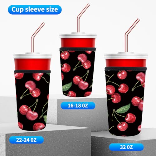 Image of 3 Pack Reusable Neoprene Insulator Sleeve for Iced Coffee Cups, Funny Coffee Cup Sleeves for 16-32oz Coffee cups, Cute Drink Sleeve for Cold Hot Beverages Watercolor Cherry