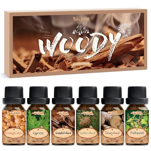 SALKING Holziger Ätherische Öle Set, Aromatherapie Duftöl GeschenkSet, Naturrein Duftöle für Diffuser Seife, Kerzen, Frankincense, Zedernholz, Sandelholz, Teakholz, Zypresse, Patchouli