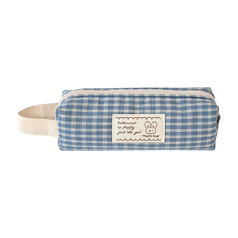 Monolike Unmatched Friends Fabric Check Block Pencil Case, Vintage sky - Aesthetic Gingham Pastel Desk Organizer, Soft Padded Makeup Brush Case, Trendy Minimalist Stationery Pouch
