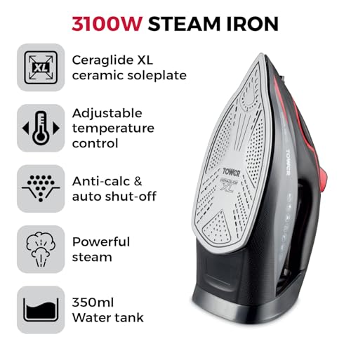 Tower T22032RED Steam Iron with Ceraglide XL Ceramic Soleplate, Adjustable Temperature Control, Anti-Drip & Anti-Calc, Auto Shut Off 350ml Water Tank, 3100W, Red & Black - Image 3