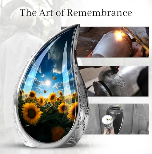 Image of Teardrop Butterfly with Sunflower Urn for Human Ashes - Funeral Urns for Human Ashes Adult - Large Sunflower Urns for Adult Man and Women - Cremation Decorative Urn for Mom and Dad 10inch