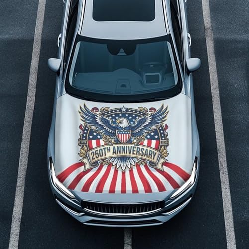 Image of Eagle American Flag Emblem 250th Anniversary Pattern Car Hood Cover 59.05 inch x 39.37 inch Auto Flag Hood Cover for Trucks SUV Van, Polyester Car Bonnet Banner with Stretchable Band