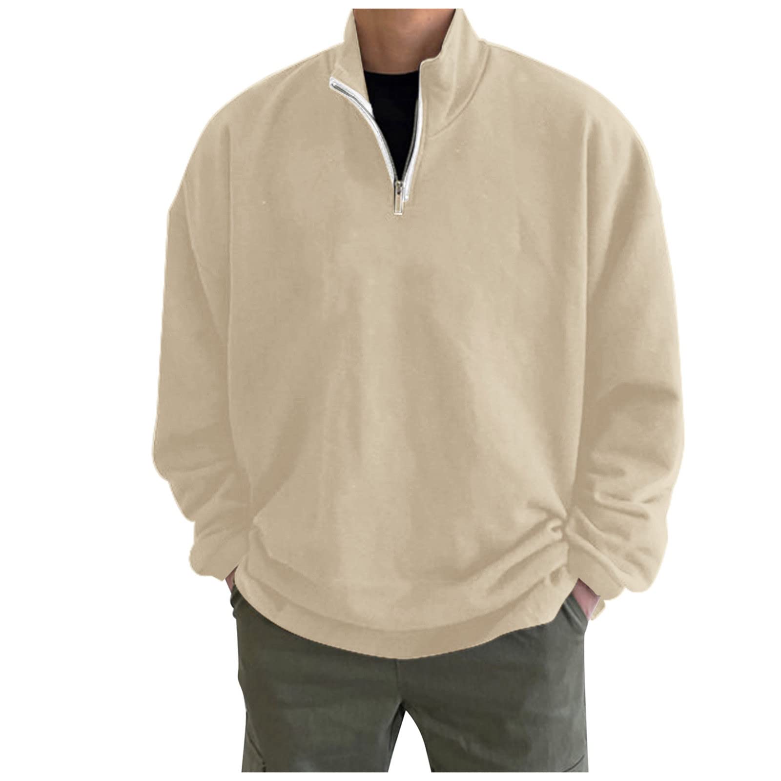 UTPO Mens Long Sleeve Solid Hoodless Sweatshirts Polo Shirts Cotton Golf T-Shirts Casual Lapel Quarter Zip Sweatshirts