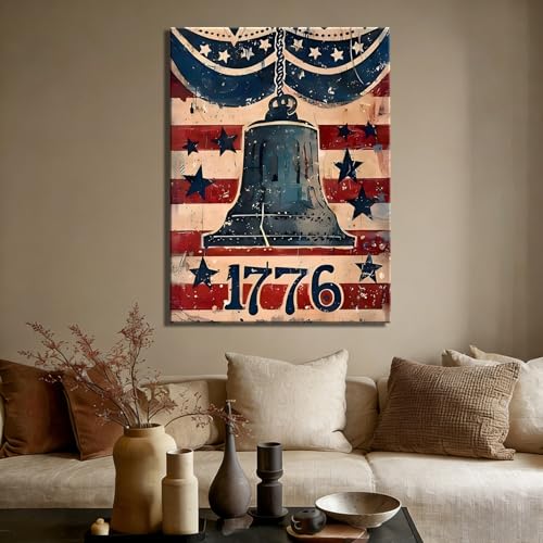 Image of RIBNTAK Made in USA Rustic 1776 Liberty Bell with American Flag Canvas, Retro Patriotic Sign Artwork for 4th of July, Independence Day, Memorial Day Home Decoration