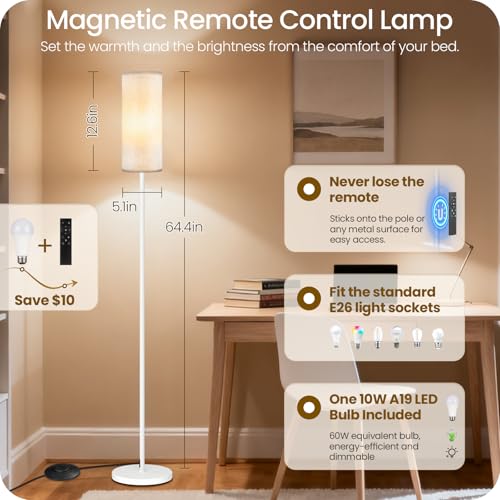 Image of White Floor Lamps for Living Room with Remote and Foot Switch, 64.4 inch Modern Standing Tall Lamp, Dimmable Corner Lamp for Bedroom, Office, Bulb Included, 3000K-6500K, FCC Listed WW06LD05W1