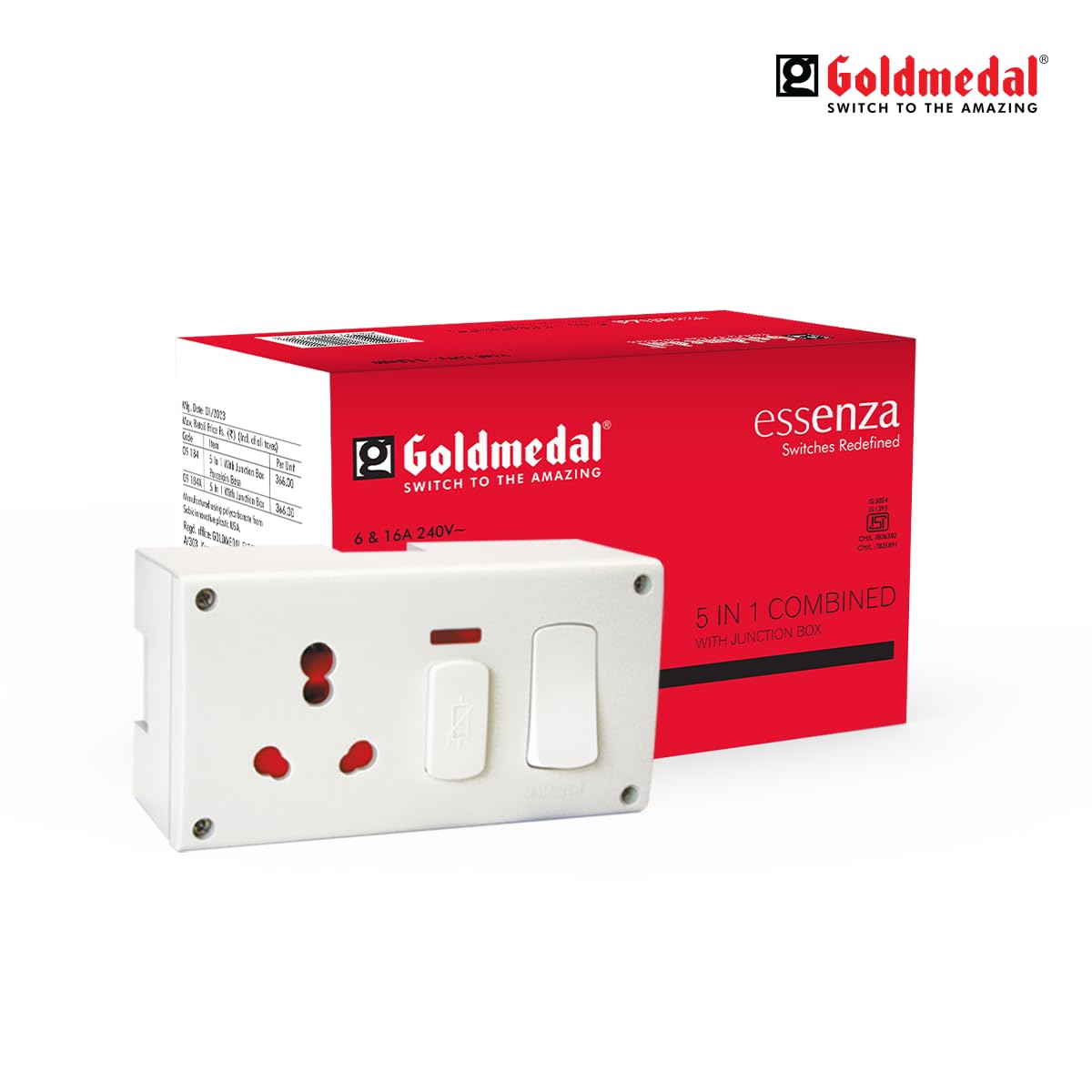 Goldmedal Essenza 16A Switch Socket with Junction Box | Modular 5 in 1 Combined Plate with Switch & Indicator | Heavy-Duty Power Socket for Home & Office Use | White — Amazon image 3