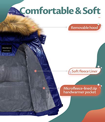 Creatmo Us Girl's Water Resistant Puffer Jacket Soft Fleece Lined Padded Fur Hooded Winter Coat Navy 6-7 #TOP2
