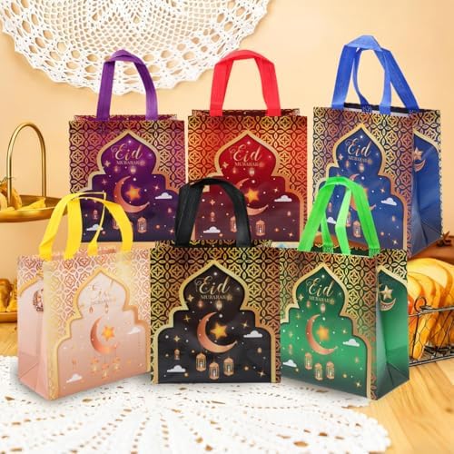 6 Pcs Eid Mubarak Reusable Gift Bags, Reusable Castle Pattern Colorful Hybrid Treat Bags with Handles, Multifunctional Non-Woven Ramadan Bag for Holiday Party Gifts Wrapping Supplies