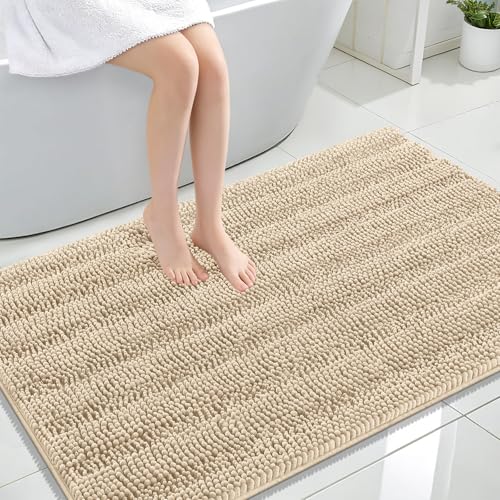 Image of OLANLY Thick Large Bathroom Rugs 47x32, Extra Soft Absorbent Chenille Striped Bath Rugs, Rubber Backing, Machine Wash Dry, Bath Mats for Bathroom Floor, Tub and Shower, Home Decor Accessories, Beige