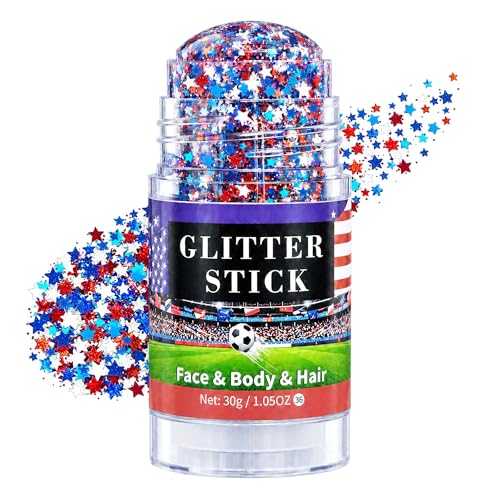 Go Ho Patriotic Red White and Blue Body Glitter Stick 4th of July Accessories American Flag Makeup Sparkle Star Face Hair Glitter for Fourth of July Outfits Women Kids 1.05oz