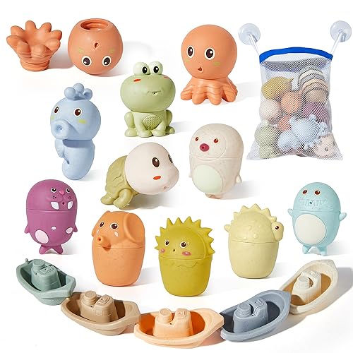 Image of AMCHSURI Animal Bath Toys with Floating Boats for Toddlers 1-3, 15 PCS Mold Free Bathtub Toy for Infants 6-12 Months, Eco-Friendly Non Toxic Water Table Toys
