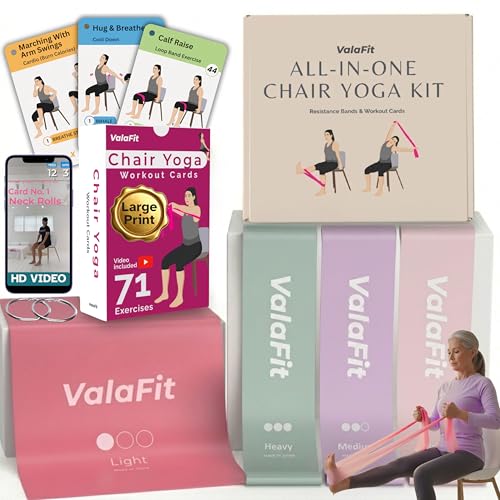 [All-in-One Kit] Chair Yoga for Seniors Over 60: 71 Seated Exercises with Video + 4 Resistance Bands | Large Print Cards for Mobility, Balance, Strength & Weight Loss | Gift for Mom & Dad