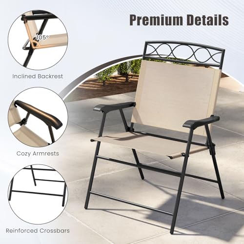 Image of Giantex Set of 4 Patio Folding Chairs, Outdoor Dining Chairs for Camping, Beach, Backyard, Deck, Portable Dining Chair w /Armrest and Metal Frame, Beige