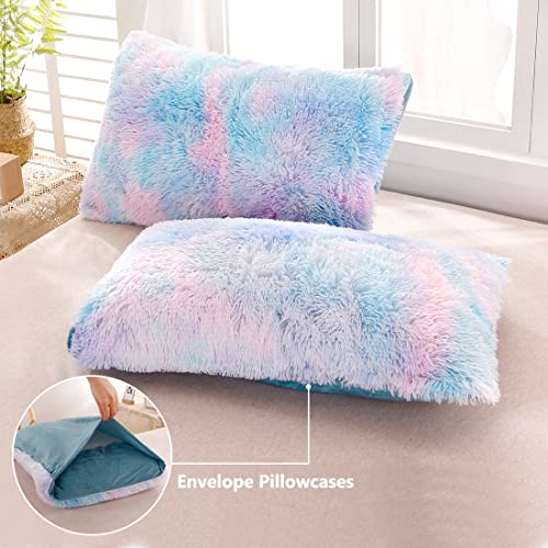 Sucses Tie Dye Plush Shaggy Duvet Cover Set Full Size Rainbow Faux Fur Bedding Set For Teens Girls Soft Velvet Fluffy Fuzzy Comforter Cover Bed Set (Blue Purple Ombre, Full) #TOP4