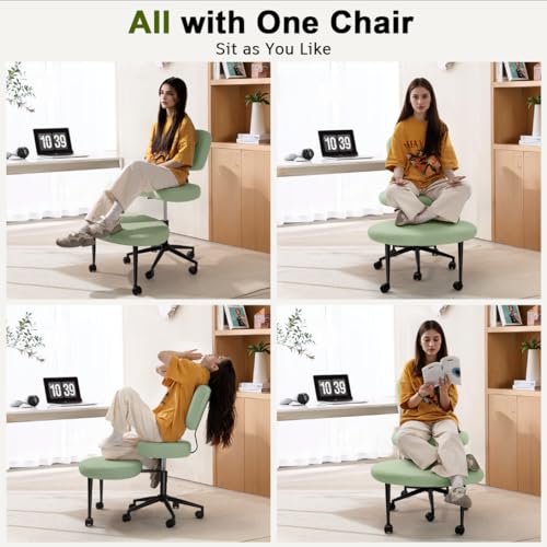 Image of Waleaf Ergonomic Cross Legged Office Chair, ADHD Chair for Adults, Height Adjustable Meditation Chair with Wheels, Teddy Fabric Yoga Kneeling Chairs with Comfortable Back Support (Green)