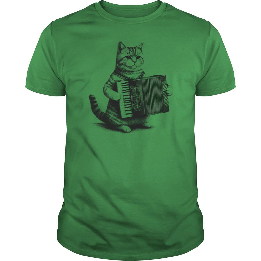 Cat Playing Accordion Player Lover Unisex T-Shirt Green