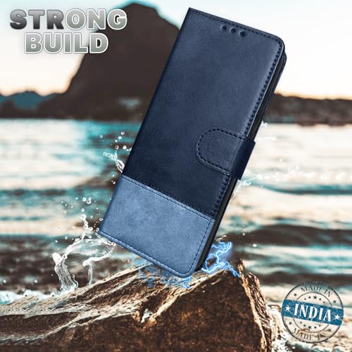 Image of Amazon basics Flip Cover for Vivo T4 5G / iQoo Z10 5G | Wallet Style & Stand | Dual-Tone PU Leather Finish | Magnetic Flip Case (Navy & Light Blue)