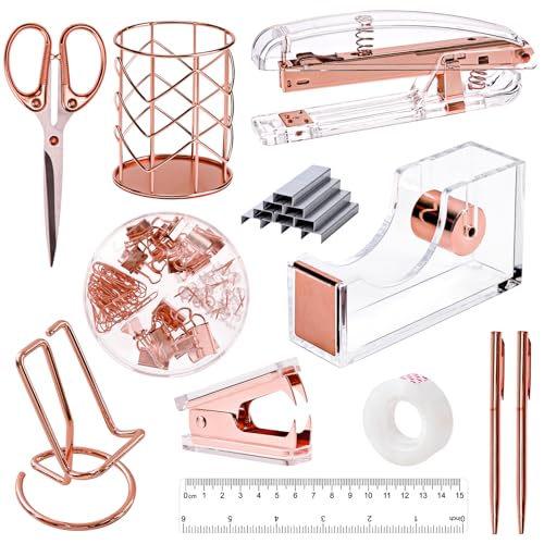 Image of EOOUT Rose Gold Desk Accessories, Office Supplies and Accessories Set, Acrylic Stapler Set, Staple Remover, Phone Holder, Pen Holder, Scissor, Ruler, Transparent Tape