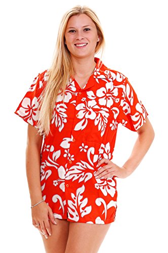 V.h.o. Funky Hawaiian Blouse, Hibiscus, Orange, M #TOP3