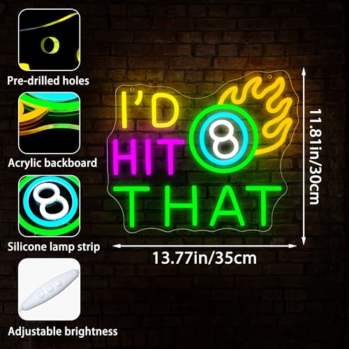 Billiards Neon Sign for Wall Decor I'd Hit That 8-Ball Neon Light for Man Cave Dimmable LED Neon Light Funny Pool Themed Neon Light for Bar Game Room Man Cave Decor Birthday Gift for Pool Players Size 13.8*11.8in(GLNCP124) - Image 3