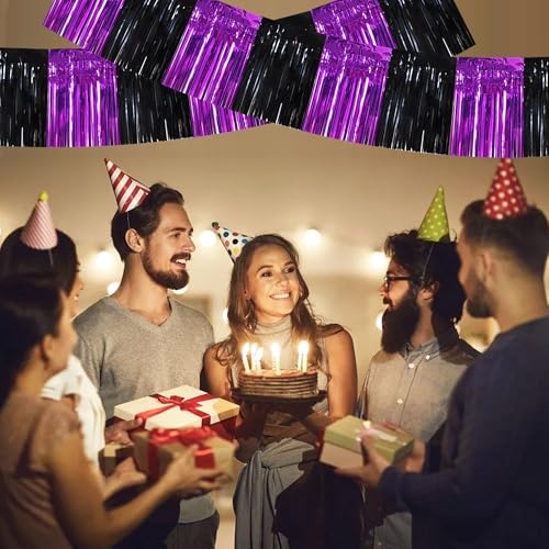 Image of BEISHIDA Black Purple Fringe Garland Banner 30ft Wall Tinsel Foil Streamers | 3Pack,Hanging Shiny tinsel Metallic garland for graduation,Car floats,Bridal shower,Wedding,Birthday,Halloween,Christmas