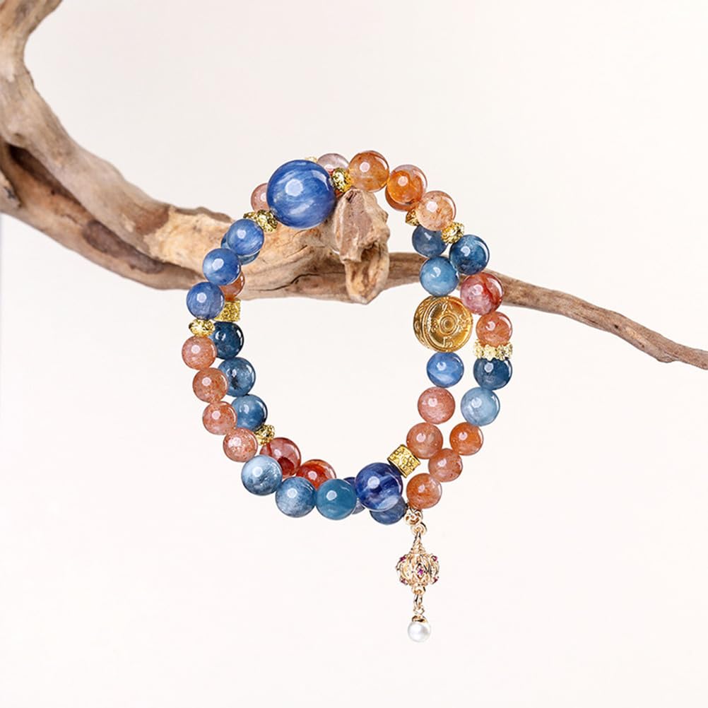 Bracelet en Cyanite Naturelle, Pierre de Soleil et Agate Rouge – Bijoux en Perles de Cristal Bleu, Or et Rouge pour la Communication, la Joie et la vitalité, Cadeau élastique