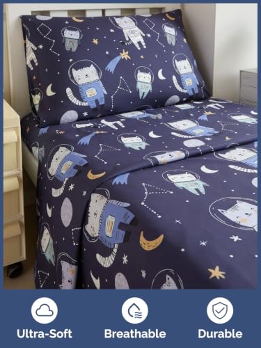 Image of Kids Twin Size Cat Bed Sheets - 3 Piece Kids Cat Sheet Set - Galaxy Astronaut Bedding - Ultra-Soft, Cute & Cozy - Breathable & Machine Washable - Wonderful Bed Set for Boys, Girls, Teens & Toddlers