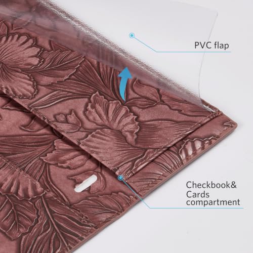 Image of CoBak Premium Leather Checkbook Cover - RFID Blocking, Classic Design, Slim & Durable - Perfect for Personal & Business Checks,Red Embossed Narcissus