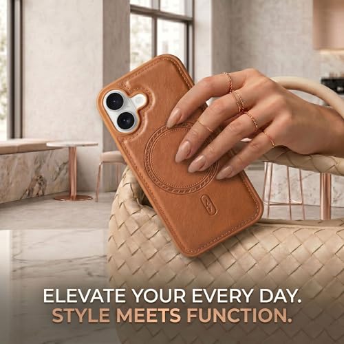 Image of amazon basics Premium PU Leather Case for iPhone 16, MagSafe Compatible Magnetic Ring, Sleek Protective Back Cover - [Tan]