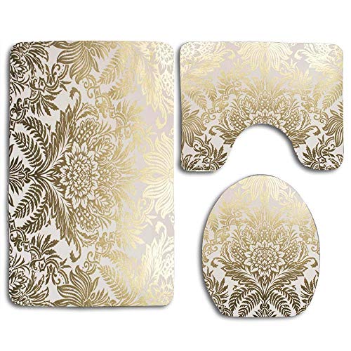 Hicyyu Bathroom Carpet Mat Set 3 Piece Including Bath Mat + Pedestal Mat + Toilet Seat Cover Mat, Non-Slip Absorbent and Easy to Clean - Gold Rose Flowers Pattern