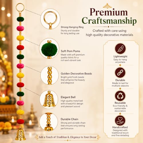 Image of Bindian Pom Pom Beads & Golden Bell Toran for Main Door, Pack of 5 Door Hanging Decorative Items, Home Decor Wall Hanging Decoration, Pooja Room Decor, Festival Decoration