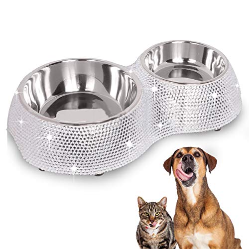 Lovinouse - Ciotola doppia per cani e gatti, con strass, antiscivolo, con ciotola rimovibile in acciaio inox