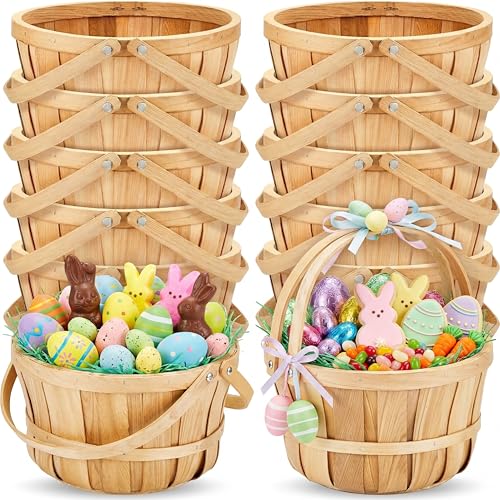 Marsui 10 Pcs Large Wooden Easter Gift Basket 11 x 6.5'' Wicker Apple Fruit Bushel Baskets with Handle for Garden Storage Organizing Farmers Personal or Commercial Use