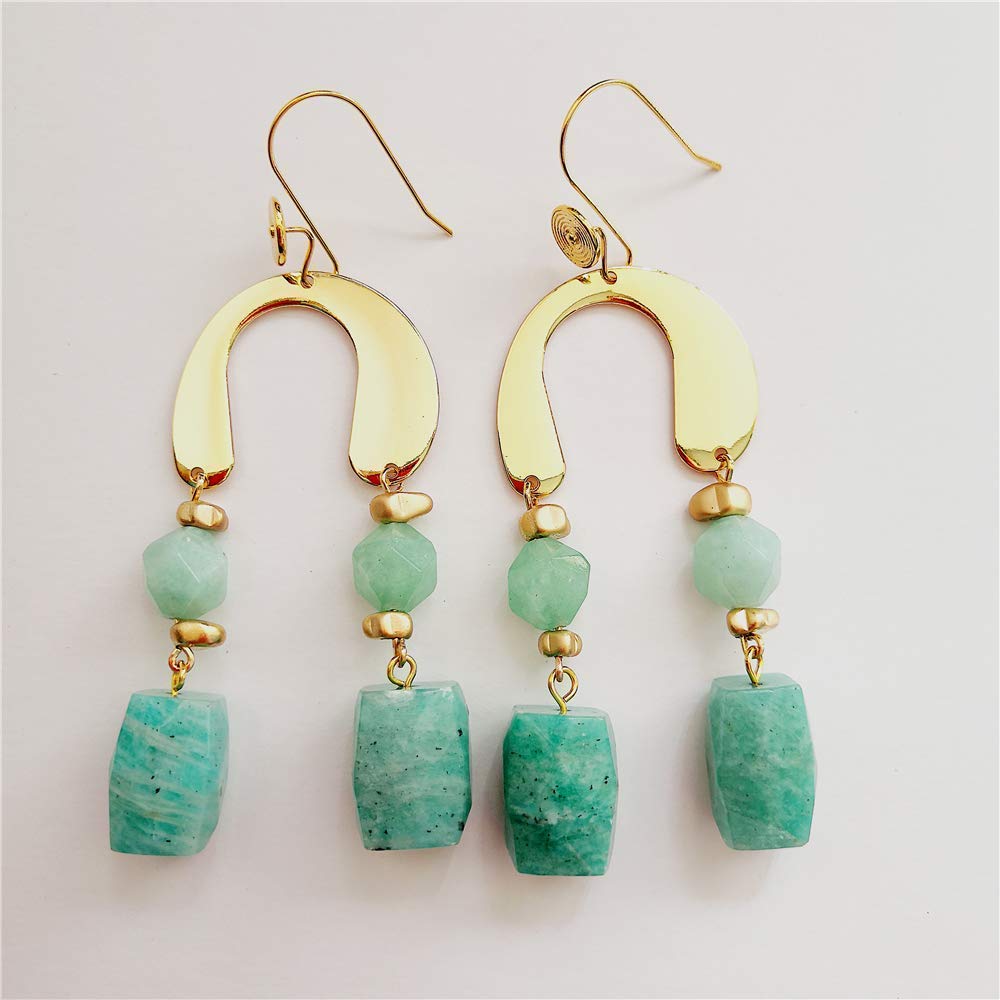 Colección de Navidad 2020 - Serie"Still Golden and Then Some" - Pendiente de amazonita facetada súper grande de 17 mm hecho a mano y pendiente de gota de jade verde facetado de 10 mm