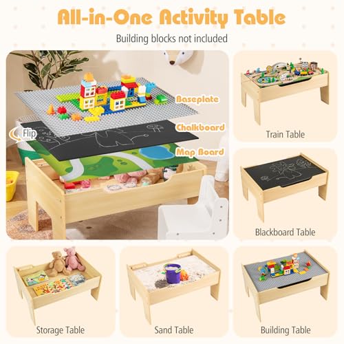costzon train table 5 in 1 kids activity wooden set w 78 pieces railway playset reversible map top blackboard building bricks station amp large storage space toddler sensory table for 3 years