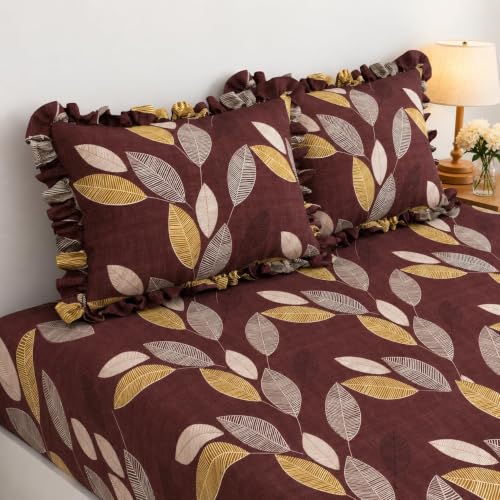 Image of King Size Fitted Bedsheet for Double Bed | 300 TC Cotton Feel Microfiber | All Around Elastic with 2 Frill Pillow Covers | Soft & Durable | (WINEFrill, Fitted - 72 x 78 Inch King)