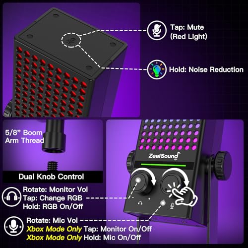 Image of ZealSound USB Gaming Microphone for Xbox PC Mac iPhone & Android, Noise Reduction Mic with One-Tap Mute, Gain Control, Zero-Latency Monitoring & RGB Lighting, for YouTube TikTok Podcasting & Streaming
