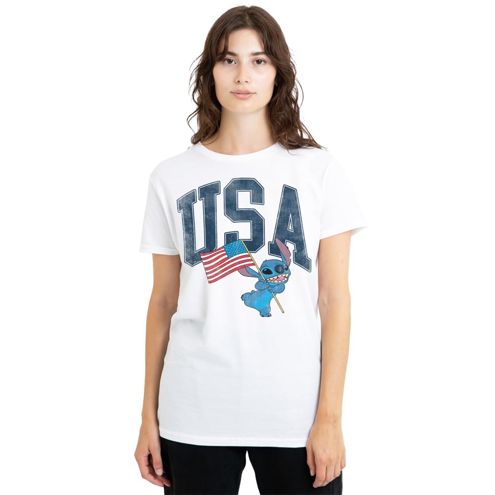 Disney Women's White Lilo And Stitch Usa T-Shirt, Small