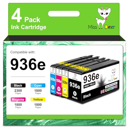 Image of Miss Deer 936e Ink Cartridges Compatible for 936 936e 936xl Ink Cartridges Work with OfficeJet 9122e OfficeJet Pro 9110b 9125e 9128e 9130b 9135e OfficeJet Pro Wide Format 9730e,4 Pack