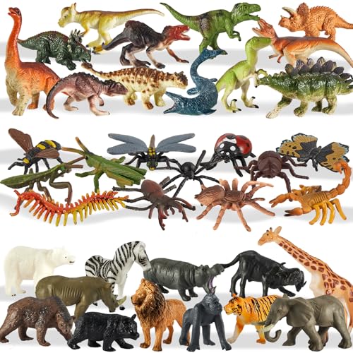 TOEY PLAY 36 Stück Tierfiguren Spielzeug Set, Dinosaurier Figuren, Dschungel Tiere Dinos, Realistische Insekten, Plastiktiere für Kinder Set, Plastikwanzen und Insektenfiguren